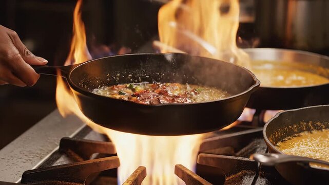 Flaming pan cooking on stove