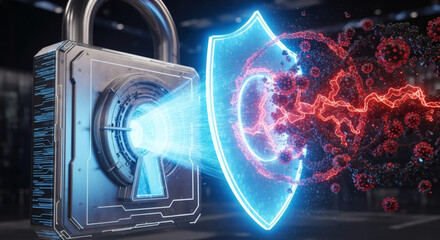 Obraz premium Digital cybersecurity concept secure padlock and glowing shield defending against abstract virus threats, symbolizing robust data protection and network safety