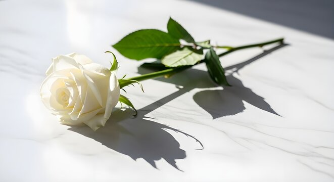 A single white rose on a white surface with green leaves