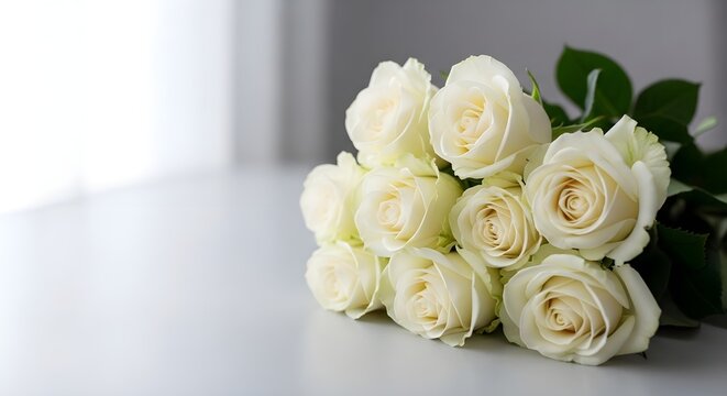 A bouquet of white roses on a table by the window