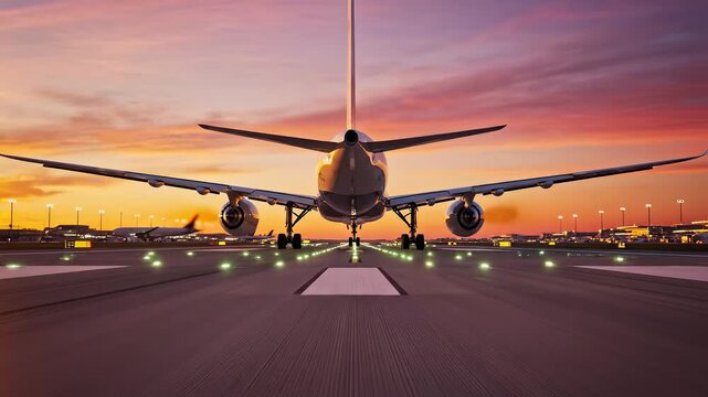 Airliner on runway at sunset