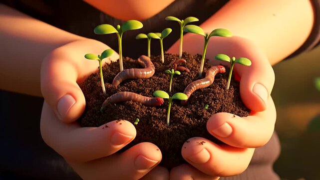 Observing the powerful sustainable investment impact, caring hands nurture fertile soil, revealing earthworms and small green sprouts symbolizing environmental growth and future prosperity.
