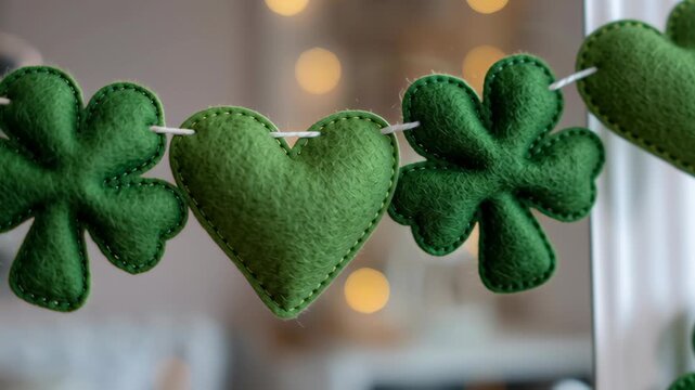 Saint Patrick Day shamrock heart garland felt decoration banner on string near window, warm soft bokeh light, cozy interior handmade green holiday festival background for home party decor
