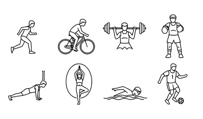 Naklejka premium Sport activity line icons set fitness workout black vector collection