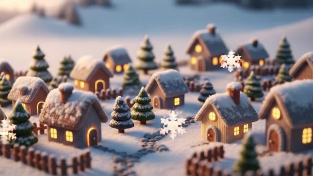 Winter village scene with snow-covered houses and pine trees