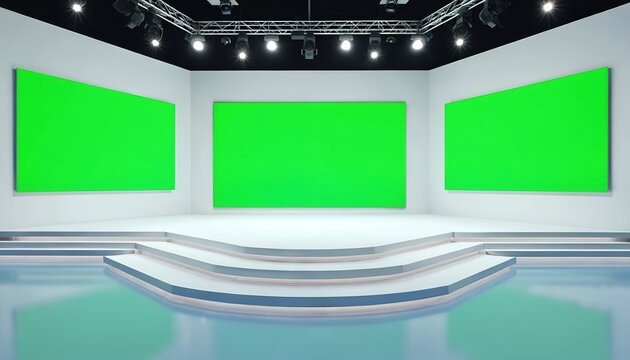 Modern empty TV studio stage with three green screen displays and stepped platform. Professional lighting rig overhead. Space for virtual background setup.