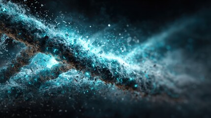 Obraz premium Close-up of a DNA double helix strand with glowing blue particles and molecular structure imagery