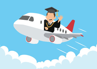 Happy Graduate Flying on Airplane Above Clouds in Flat Vector Style. Stock Illustration