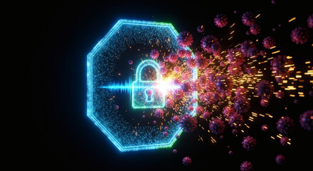 Obraz premium Vibrant abstract visualization of digital security, showcasing a glowing padlock within a protective octagonal shield defending against exploding cyber threats and data breaches
