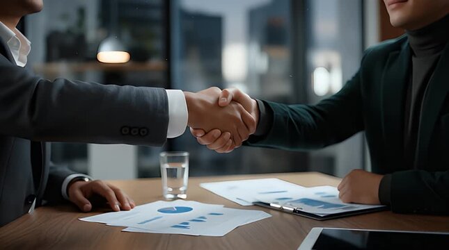 Two business professionals finalize a significant agreement across a wooden table by firmly shaking hands during a successful meeting.