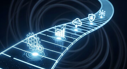 Futuristic AI technology circuit board with glowing digital icons and data flow