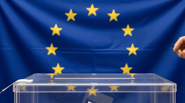 A person's hand casts a ballot paper into a clear election box against the backdrop of the European Union flag, symbolizing democratic participation and the importance of elections for governance.