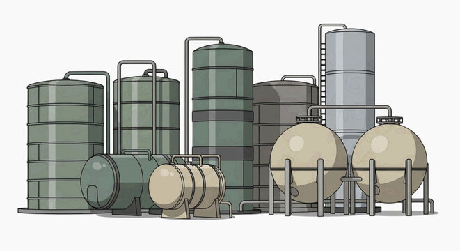 Industrial storage tanks and barrels arranged in a facility, showcasing various containers for liquids or gases, viewed from the front.