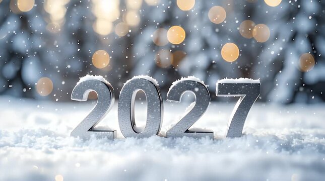 Metallic three dimensional numbers representing the new year twenty twenty seven resting in a bright snowy winter landscape with falling flakes and bokeh.