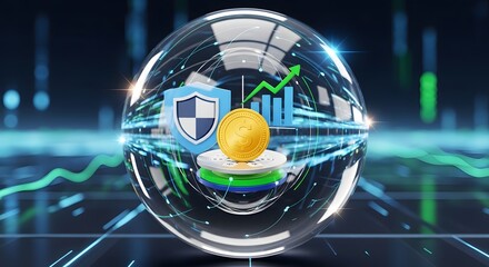 3D Bitcoin in futuristic cybersecurity digital network shield