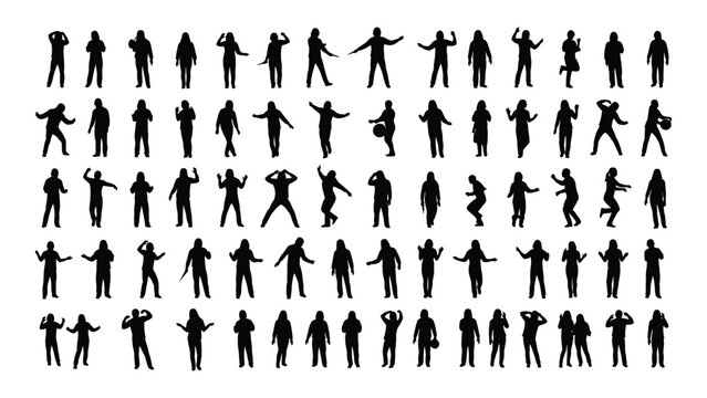 A collection of 56 different black silhouettes of people in various poses isolated on white background, Vector