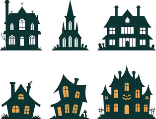 Obraz premium Vector, Illustration, Set, of, Haunted, House, Silhouettes, for, Halloween, Identity, Branding, Horror, Spooky, Night, and, Professional, Graphic, Design, Projects, 