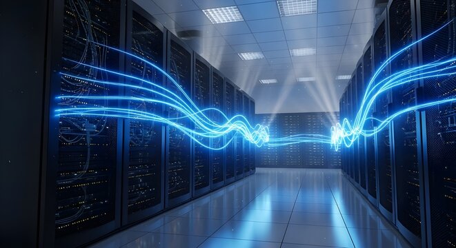 High-Tech Server Room with Dynamic Blue Data Flow and Advanced Cloud Computing Concept