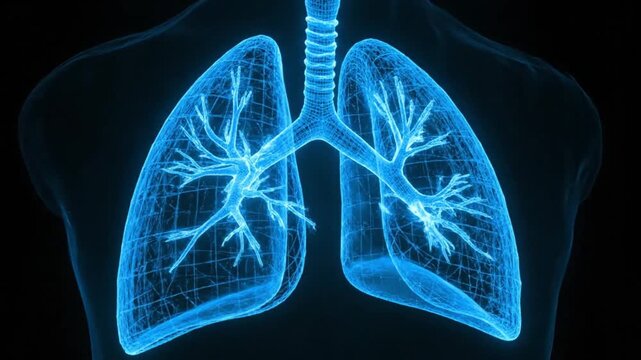 Glowing blue lungs with trachea and bronchi visible