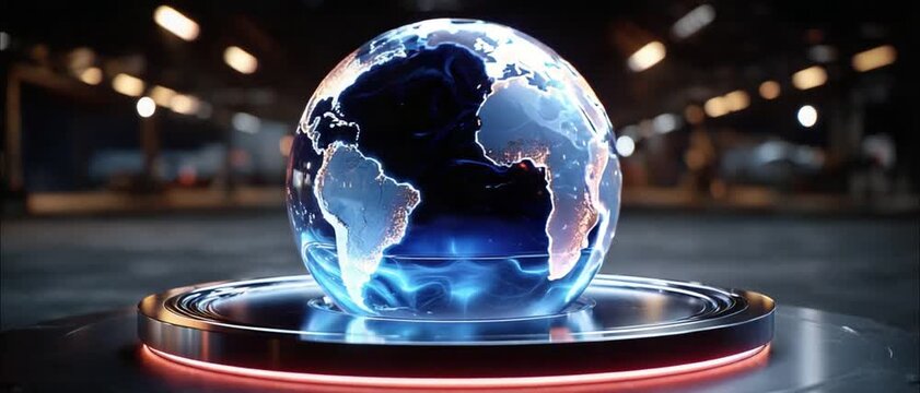 Global Network: A radiant holographic globe, pulsating with digital light, symbolizes worldwide connectivity and innovation, set against an industrial backdrop.