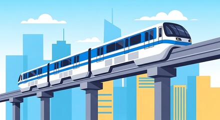 Fototapeta premium A sleek, modern train travels along an elevated track, set against a backdrop of a city skyline with buildings of varying heights. The sky is bright