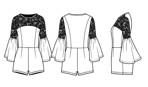 Womens Lace Bell Sleeve Playsuit Technical Flat Drawing Vector Template
