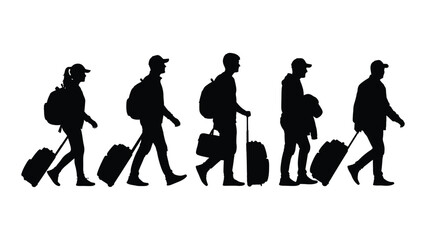 A line of silhouetted travelers walking with luggage isolated on white background, Vector