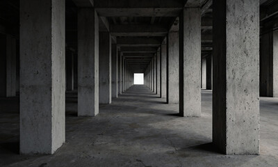 Fototapeta premium Concrete columns perspective brutalist architecture forms a repeating corridor in a dark structure leading toward bright light
