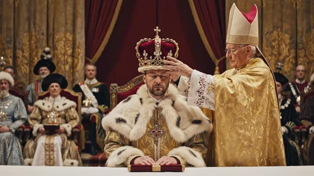 Majestic Royal Event. Luxurious Regal Induction Involving Aristocrats And Ornate Decorations. Solemn And Majestic Crowning Celebration With Noble Participation And Elaborate Ornamentation