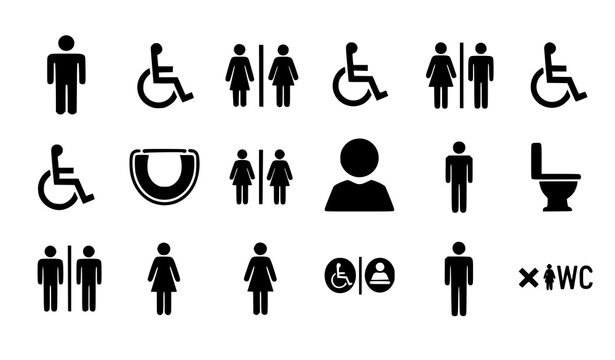 A set of black and white vector icons depicting various restroom and toilet symbols