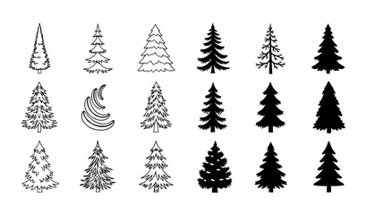 Obraz premium A collection of various tree silhouettes and illustrations in black and white
