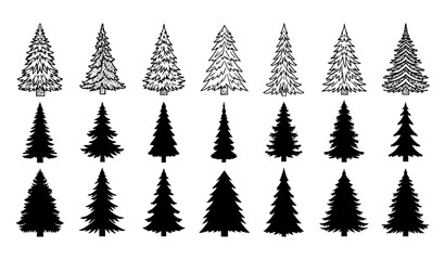 Obraz premium A set of minimalist pine tree silhouettes and illustrations in black and white