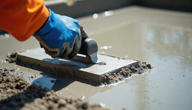Worker in blue glove uses trowel smoothing wet concrete. Masonry work for building renovation and flat surface finish. Professional construction worker with tool.