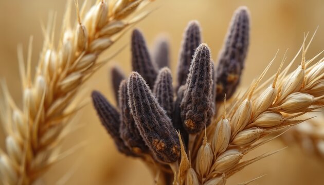 Ergot fungus infects wheat grain on stalk. Dark fungal bodies grow on cereal crops in field. Plant disease threatens harvest yield and food safety.