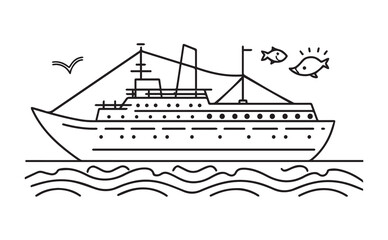 Obraz premium Vector illustration of a cruise ship with seagull and fish