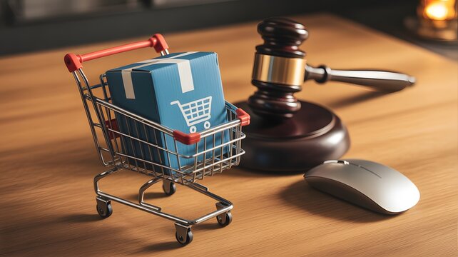 Online Shopping Law and Consumer Protection with Credit Card in Cart and Gavel, E Commerce Regulation, Digital Payment Security, Legal Compliance and Retail Transaction Policy