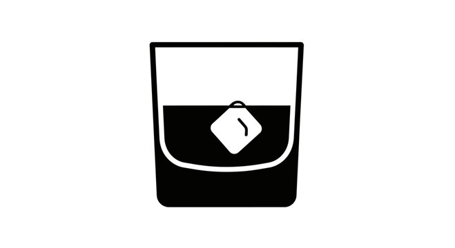 Minimalist black and white icon of a refreshing drink in a glass with a single ice cube floating