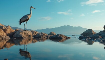 Fototapeta premium Tall grey heron stands on wet rocks by calm sea water under blue sky. Bird reflects in still water near mountains and coastal landscape. Peaceful avian wildlife.