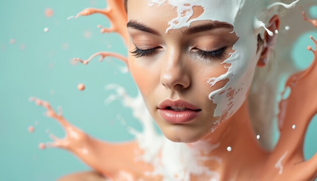 Woman with closed eyes covered in white and peach paint splashes. Dynamic paint splatters on face and neck. Creative beauty and art concept.