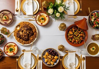 Elegant dining table setting with various dishes and golden accents