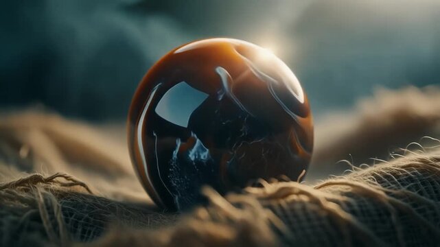 Shimmering polished onyx sphere resting o mineral texture in cinematic macro close
