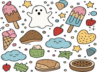 Cute Halloween and Sweet Treats Doodle Vector Illustration with Ghost, Ice Cream, Cookies, Stars and Fun Cartoon Elements