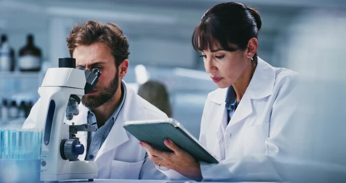 Microscope, science and people on tablet in lab for online report, medical study and experiment results. Healthcare, team and scientists on tech for clinical trial, stem cell research and vaccine
