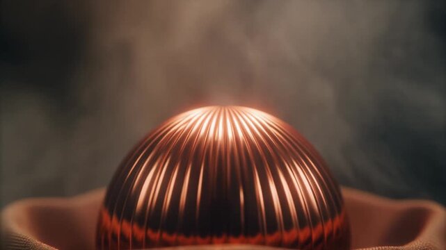 Shimmering copper sphere resting i mineral texture in cinematic macro close up