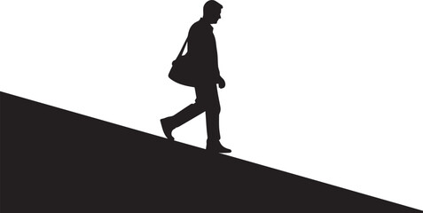 Fototapeta premium Silhouette illustration of businessman walking down slope carry shoulder bag vector style