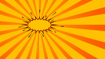 Comic book style speech bubble on yellow and orange sunburst background with halftone pattern © SiyamBin