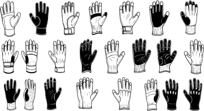 Hand-drawn Doodle Style Set of Various Gloves: Work, Sport, Safety, and Casual Handwear Collection