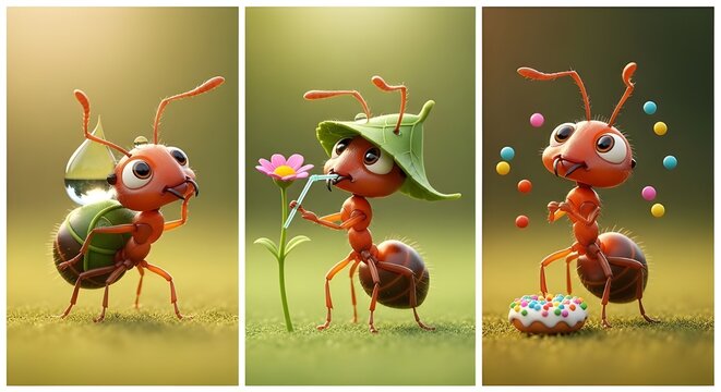 Three charming 3D-rendered images depict a red ant carrying a water drop on a leaf, sipping nectar from a flower with a leaf hat, and playing with colorful sprinkles near a small treat, set against so