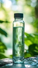 Obraz premium Clear Glass Water Bottle with Bubbles Against Lush Green Blurred Nature Background