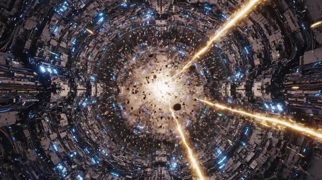 Urban Tunnel Implosion. Vivid Visuals Of Collapsing City Tunnel With Glowing Debris. Rapid Journey Through Radiant Urban Underground Corridor Amid Glowing Fragments And Intense Light Beams